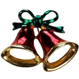 Vtg Gold Tone Metal Double Bell Christmas Pin Brooch 1"